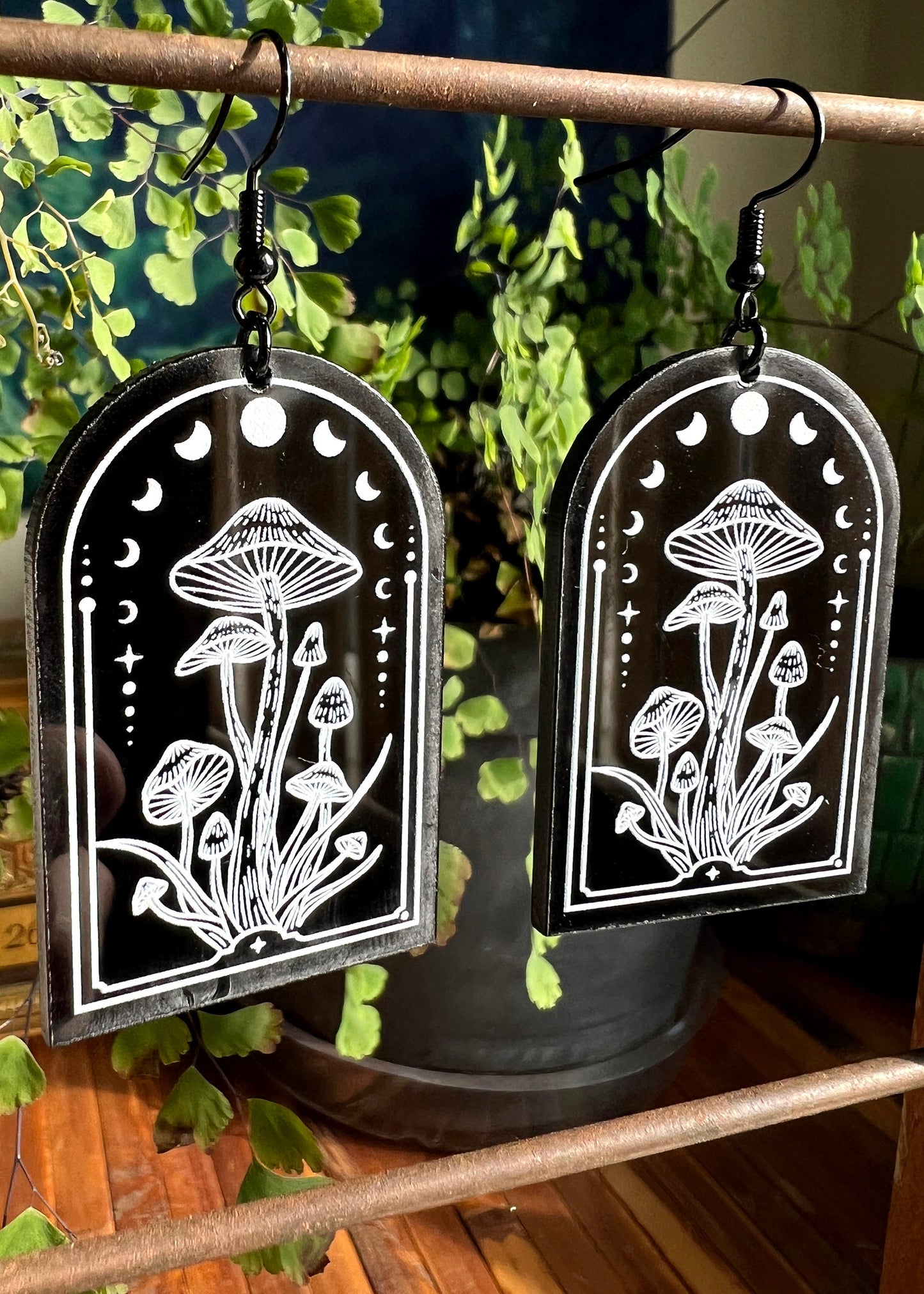 Black Acrylic Earrings | Lunar Mushroom Celestial Jewelry | Witch Goth Moon Fantasy Charm | Mushroomcore Dark Academia Arch Mycology Plant