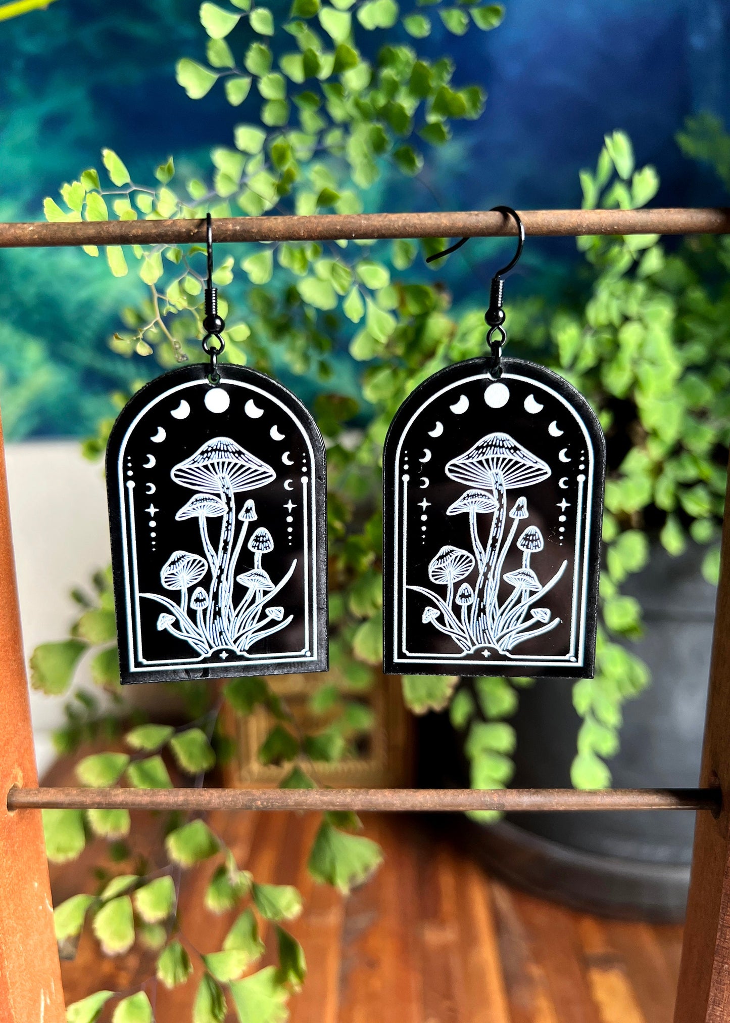 Black Acrylic Earrings | Lunar Mushroom Celestial Jewelry | Witch Goth Moon Fantasy Charm | Mushroomcore Dark Academia Arch Mycology Plant