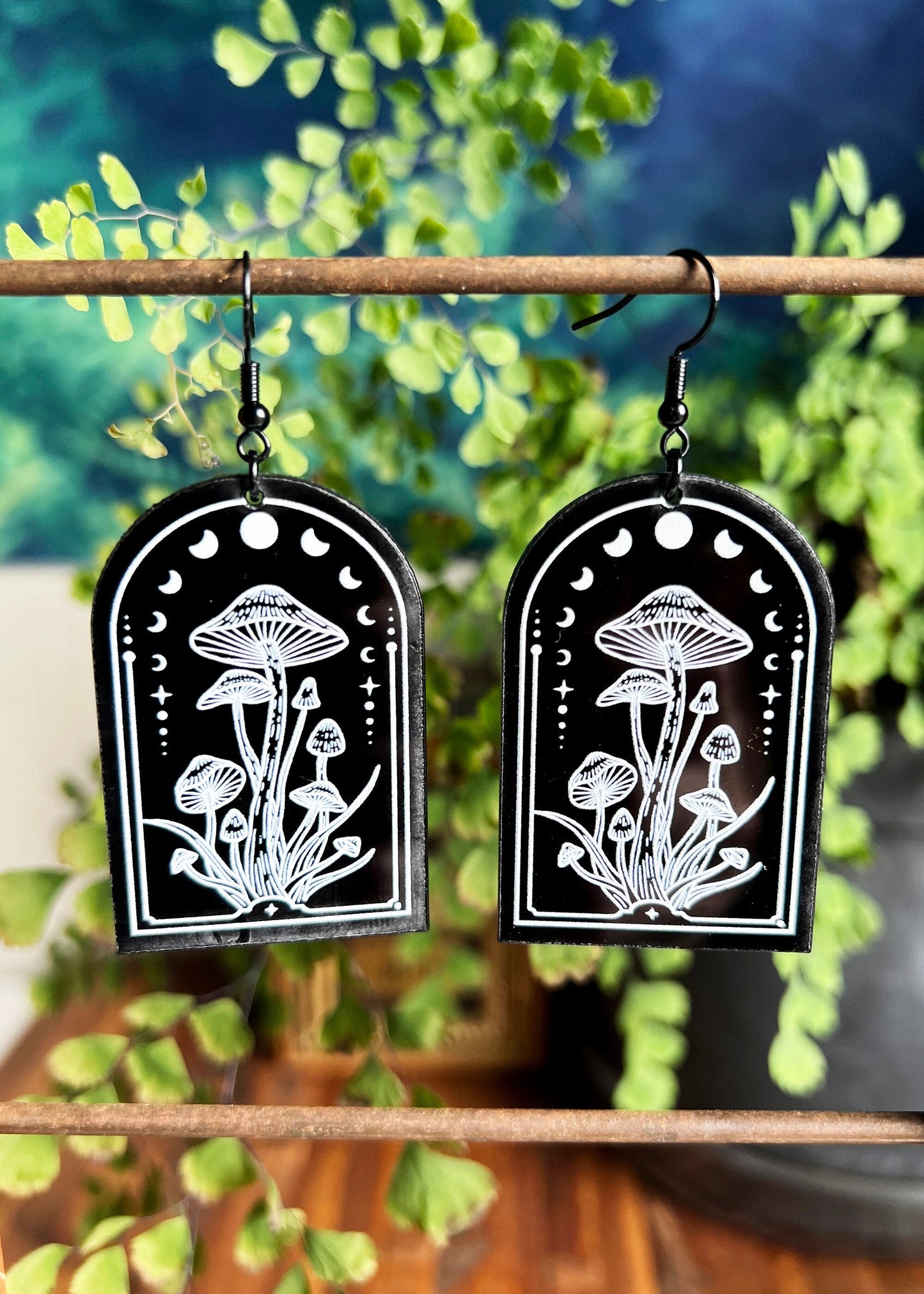 Black Acrylic Earrings | Lunar Mushroom Celestial Jewelry | Witch Goth Moon Fantasy Charm | Mushroomcore Dark Academia Arch Mycology Plant