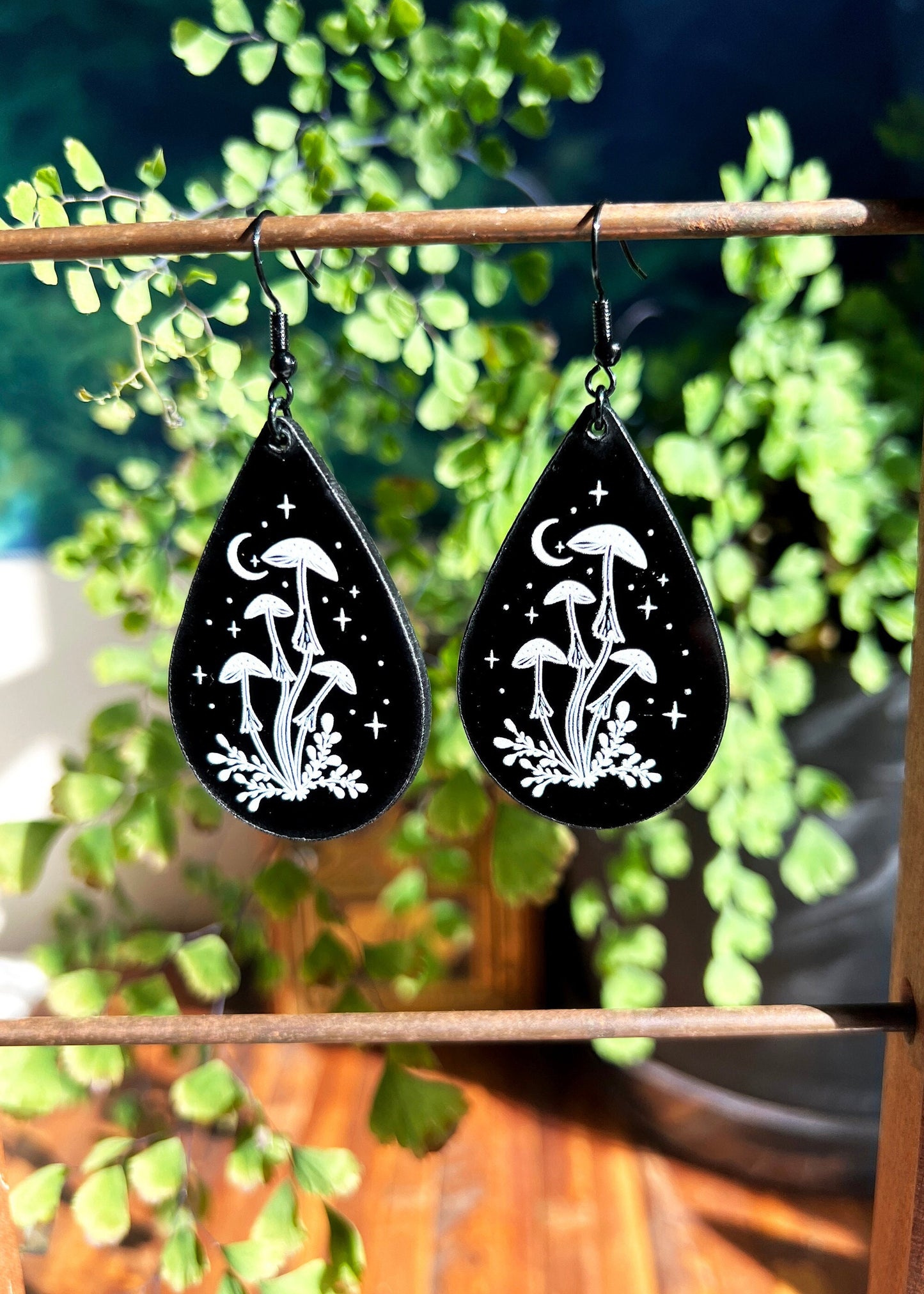 Black Acrylic Earrings | Mushroom Celestial Teardrop Jewelry | Witch Goth Moon Fantasy Charm | Mushroomcore Dark Academia Mycology Dangles
