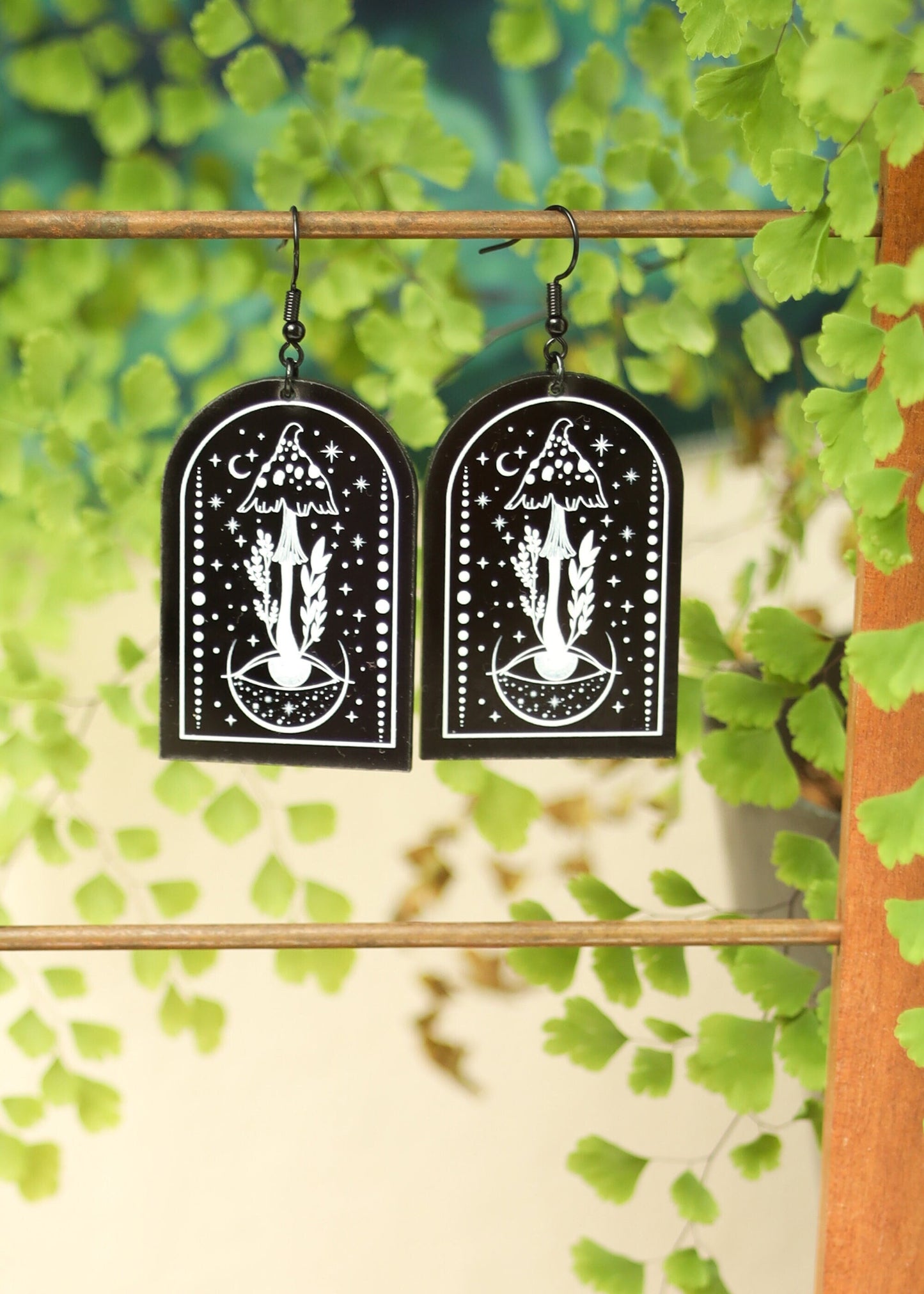 Black Acrylic Earrings | Trippy Mushroom Celestial Jewelry | Witch Goth Moon Fantasy Charm | Mushroomcore Psychedelic Arch Mycology Plant