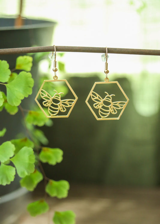 Honey Bee Earrings | Honeycomb Geometric Brass Gold Tone Dangles | Minimalist Delicate Lightweight Jewelry | Queen Bumblebee Beekeeper Gift