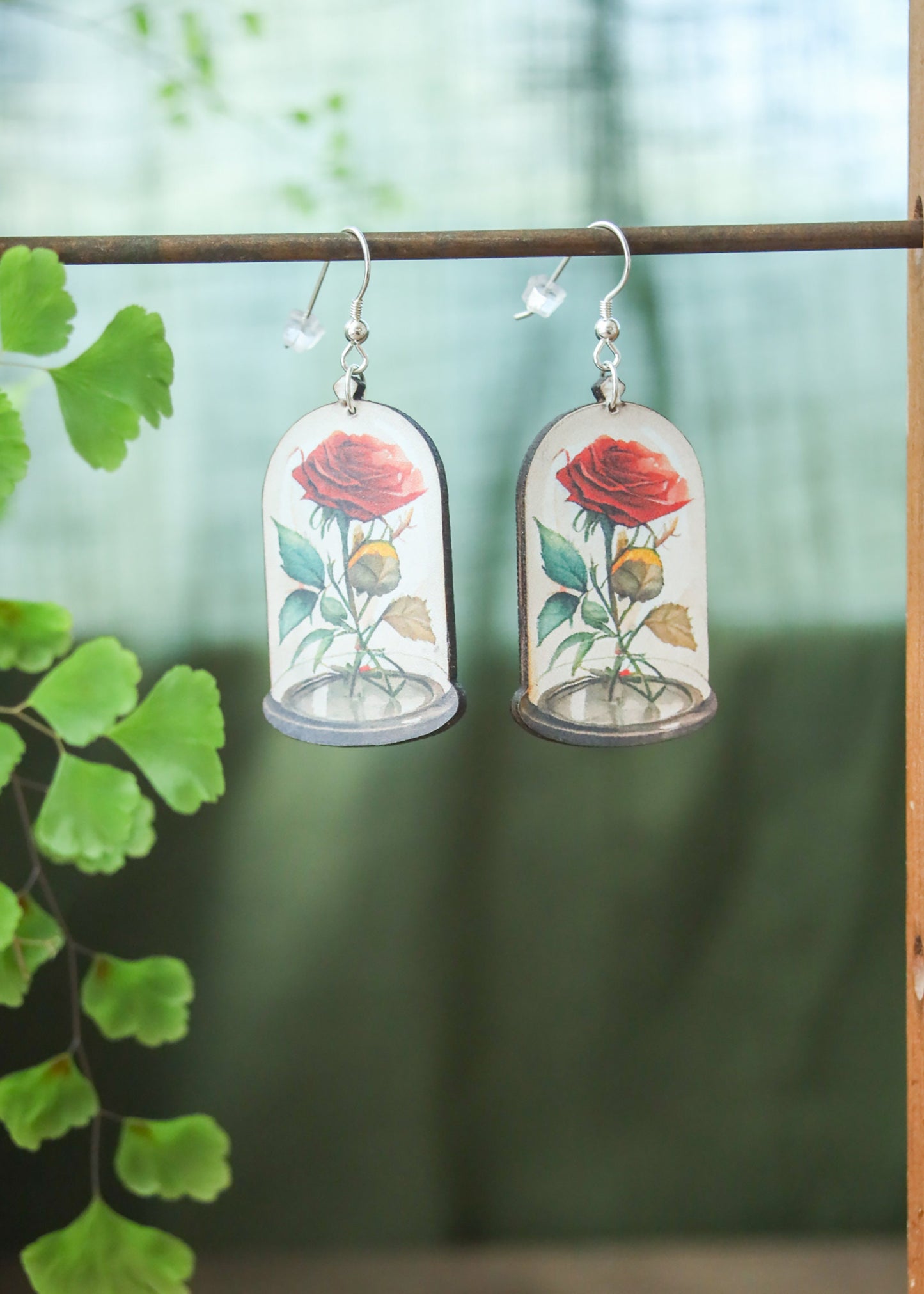 Glass Rose Earrings | Fairytale Story Book Fantasy Jewelry | Whimsical Fantasy Floral Jar Dangles | Laser Cut Wood Boho Fairycore Charms