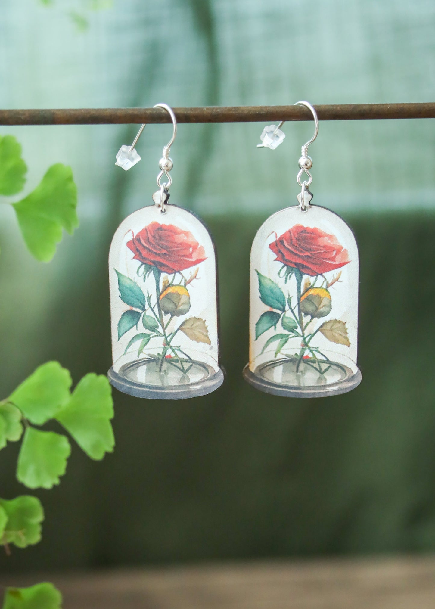 Glass Rose Earrings | Fairytale Story Book Fantasy Jewelry | Whimsical Fantasy Floral Jar Dangles | Laser Cut Wood Boho Fairycore Charms