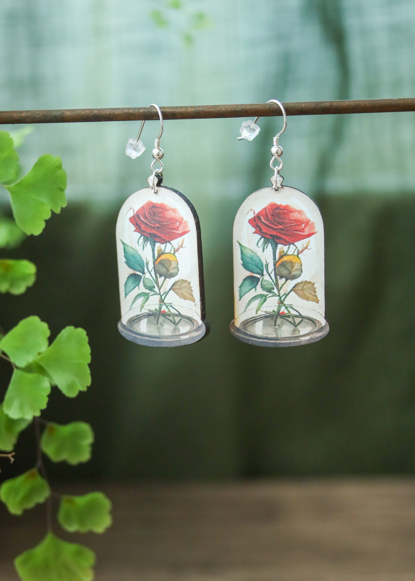 Glass Rose Earrings | Fairytale Story Book Fantasy Jewelry | Whimsical Fantasy Floral Jar Dangles | Laser Cut Wood Boho Fairycore Charms