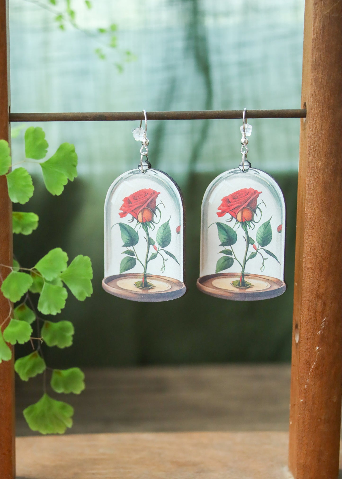 Glass Rose Earrings | Fairytale Story Book Fantasy Jewelry | Whimsical Fantasy Floral Jar Dangles | Laser Cut Wood Boho Fairycore Charms