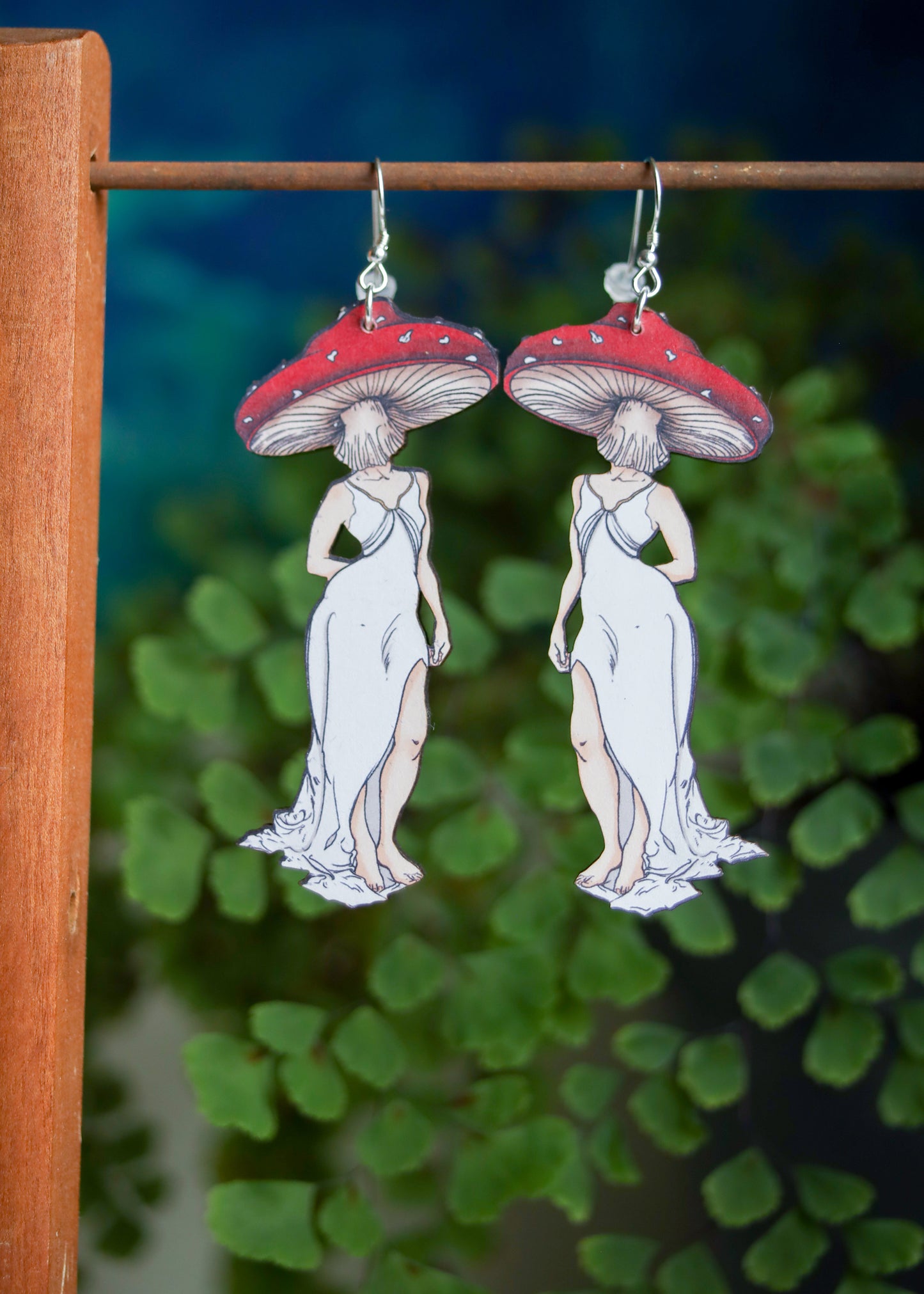 Mushroom Lady Earrings | Cottagecore Fairycore Fungi Jewelry | Mushroomcore Woodland Wooden Dangles | Sterling Silver Symmertrical Cute Art
