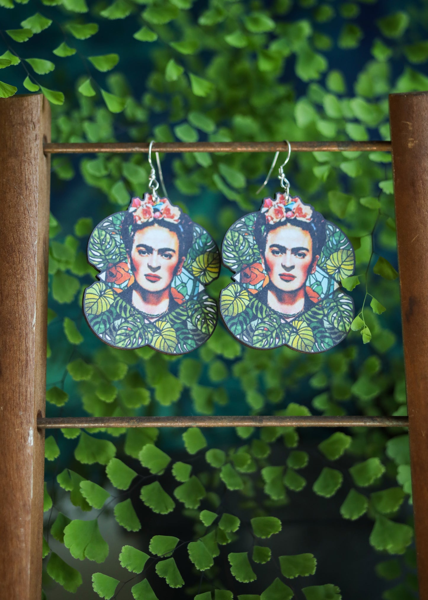 Frida Khalo Earrings | Handmade Wood Cut Dangles | Floral Artist Bold Statement Jewelry | Bohemian Cottagecore Fairycore Gifts