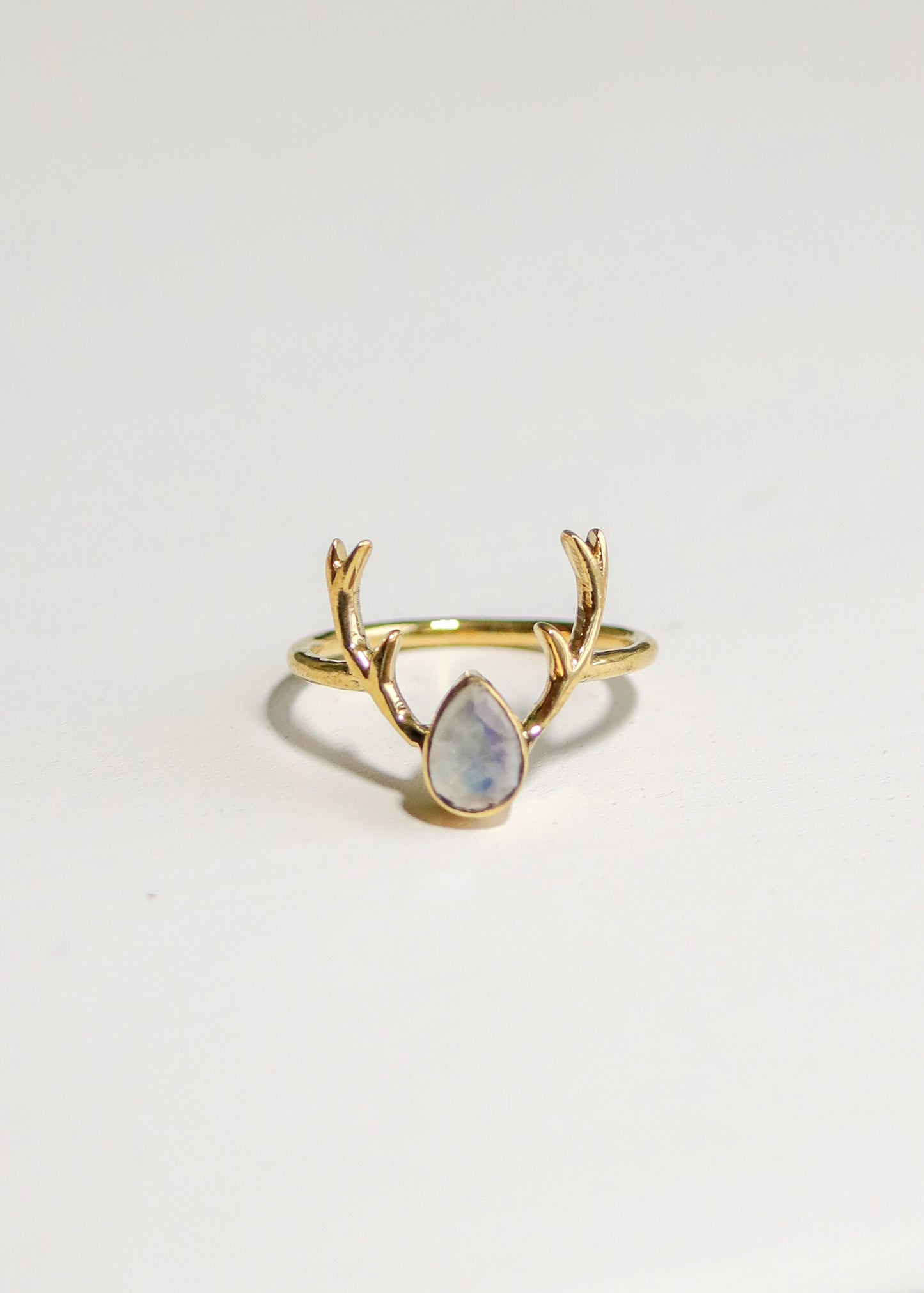 Deer Antler Ring | Brass Stag with Teardrop Gemstone | Rainbow Moonstone Onyx Chalcedony | Boho Fairycore Elven Whimsical | Animal Horn Gem