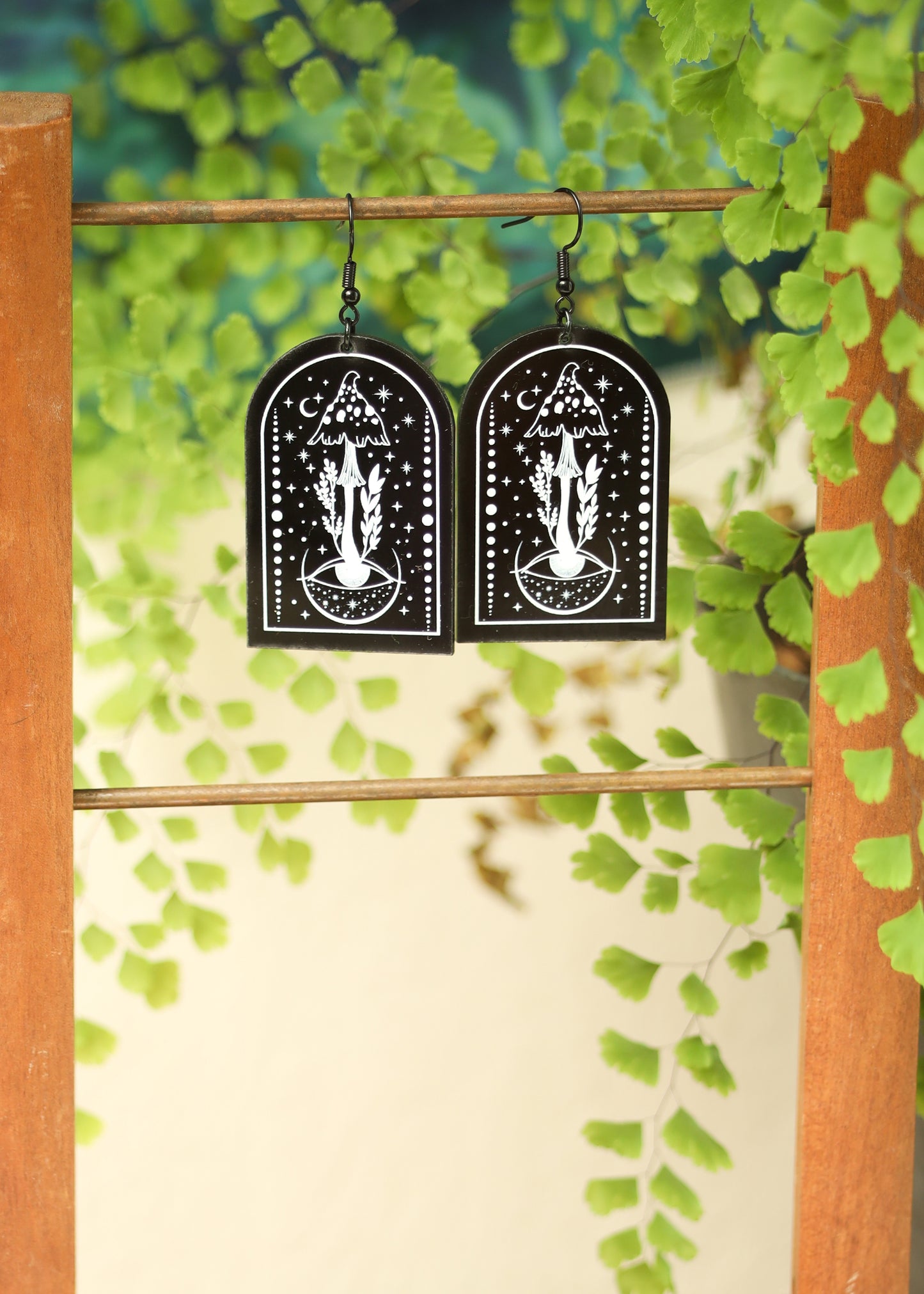Black Acrylic Earrings | Trippy Mushroom Celestial Jewelry | Witch Goth Moon Fantasy Charm | Mushroomcore Psychedelic Arch Mycology Plant