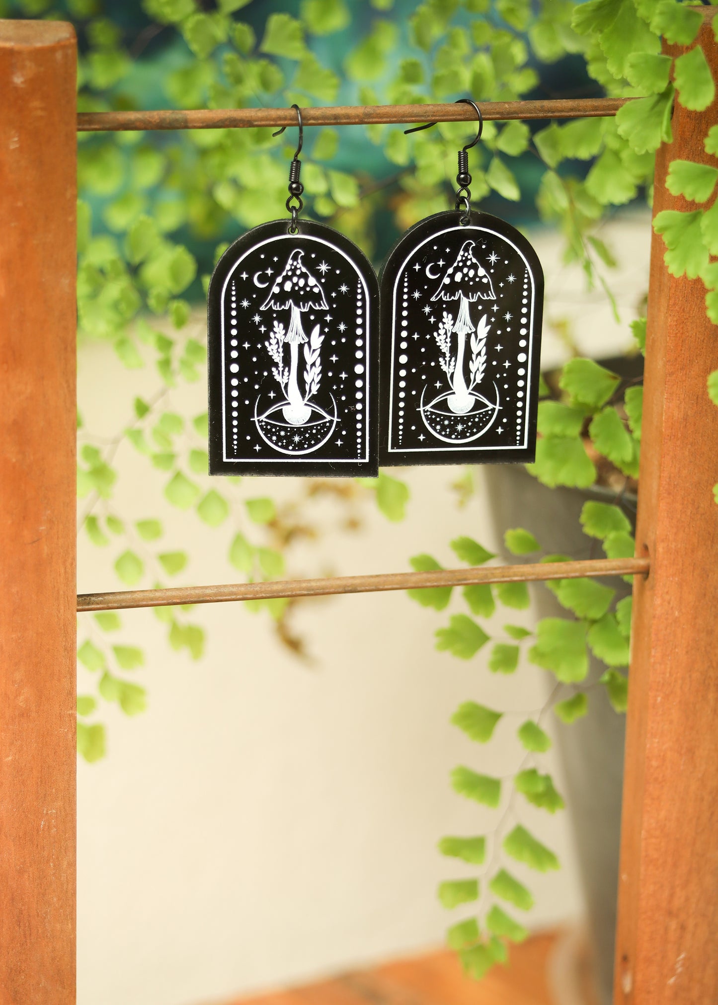 Black Acrylic Earrings | Trippy Mushroom Celestial Jewelry | Witch Goth Moon Fantasy Charm | Mushroomcore Psychedelic Arch Mycology Plant