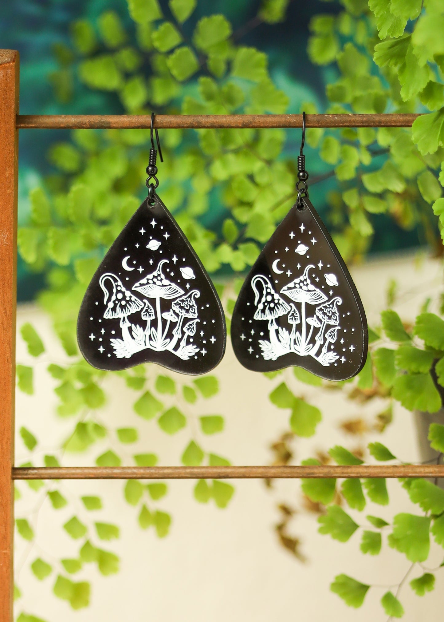 Black Acrylic Earrings | Trippy Celestial Mushroom Jewelry | Witch Goth Psychedelic Fantasy Charm | Whimsical Mystical Planchette Dangles