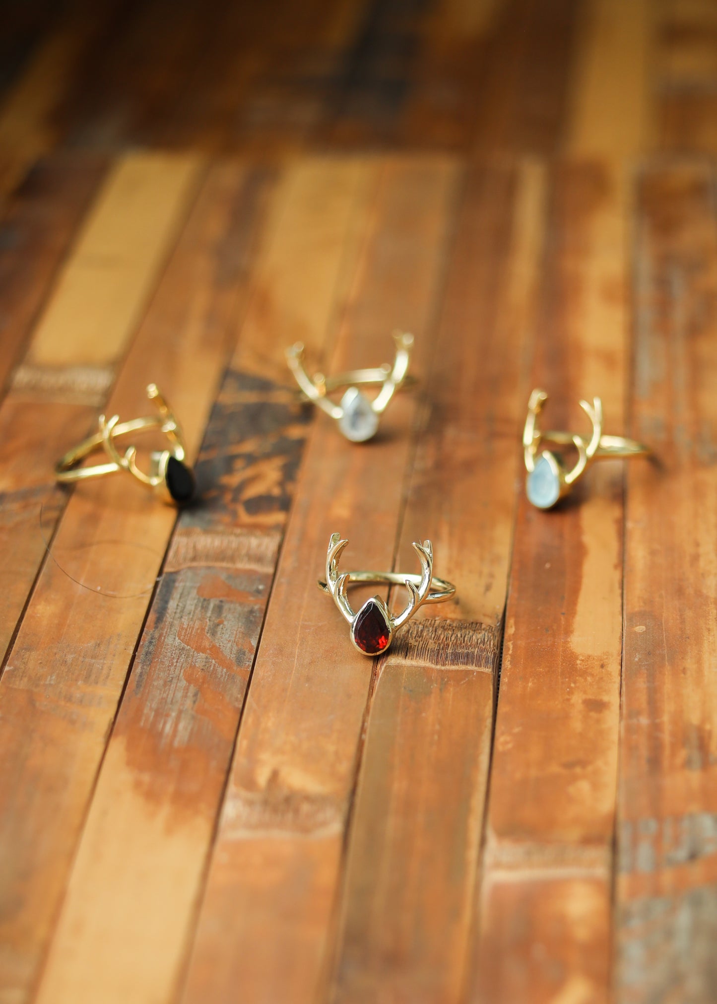 Deer Antler Ring | Brass Stag with Teardrop Gemstone | Rainbow Moonstone Onyx Chalcedony | Boho Fairycore Elven Whimsical | Animal Horn Gem