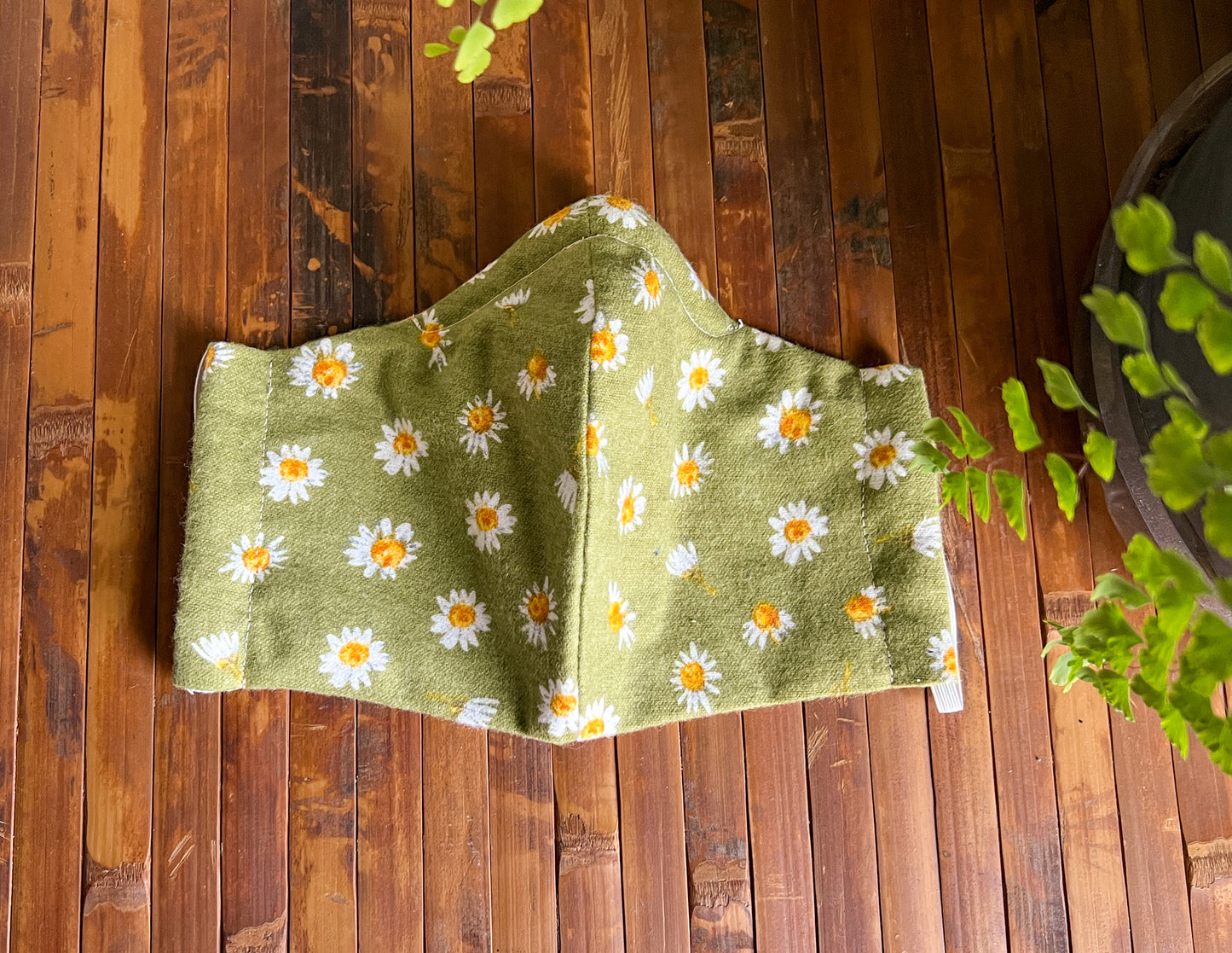 Floral Flannel Face Mask | Green Daisy Flowers Flannel Cotton Dust Covering | Fitted Washable Reusable Handmade | Nose Wire Filter Pocket