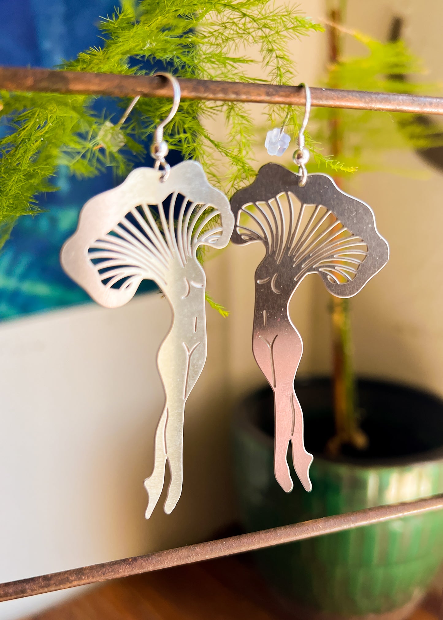 Mushroom Lady Earrings | Brass Gold Tone Stainless Steel Silver Dangles | Cottagecore Mushroomcore Metal Cut Out Charm Jewelry