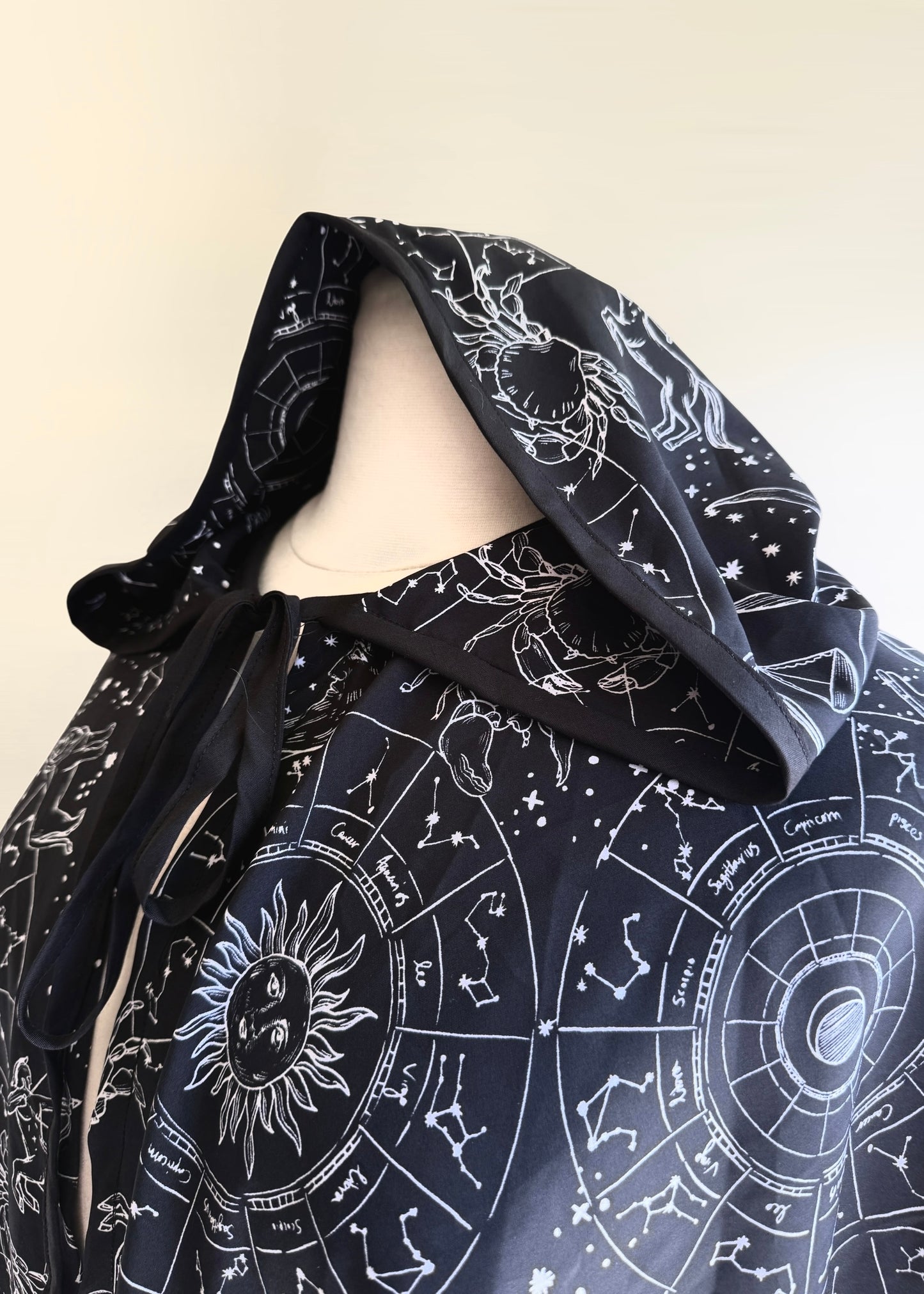 Silky Astrology Cape | White Black Galaxy Astrological Cloak | Hooded Medieval Renaissance Capelet