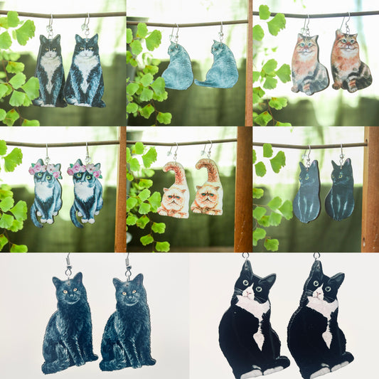 Cat Charm Earrings | Laser Cut Wood Kitty Dangles | Pet Animal Lover Gifts | Persian Maine Coon Russian Blue British Shorthair Black Cat