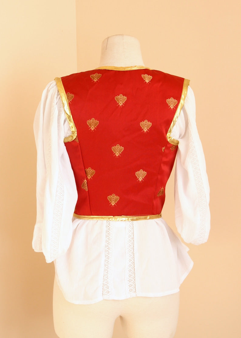 Red Gold Renaissance Bodice | Honey Bee Corset Top | Medieval Lace Up Vest | SCA LARP Fantasy Faire Garb | Fairy Royalty Cosplay Costume