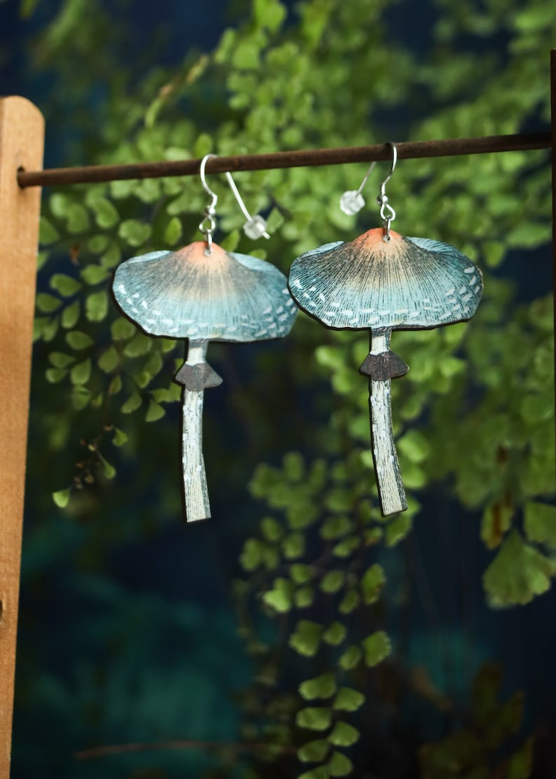 Mushroom Earrings | Retro Cottagecore Fairycore Jewelry | Woodland Wooden Laser Cut | Sterling Silver Ear Wires | Kawaii Cute Forest Fungi