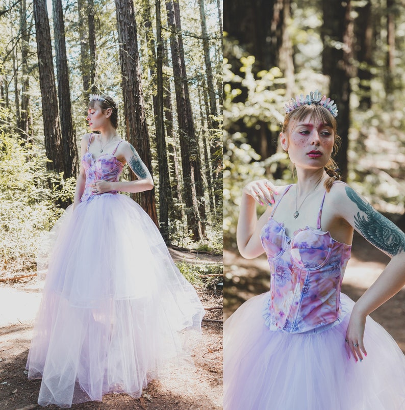 Pastel Faerie Ensemble | Lavender Pink Tulle Maxi Tutu Hooded Chiffon Capelet | Fairycore Faerie Wedding Gown | Alternative Fairytale Bride