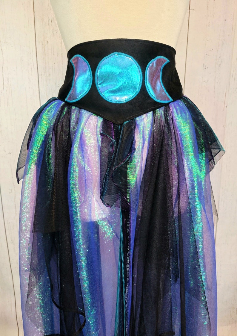 Iridescent Fairy Skirt | Moon Phase Gothic Wrap Tutu | Witch Renaissance Psytrance Playawear | Darkwear Cyberpunk Steampunk Mesh Tulle Suede