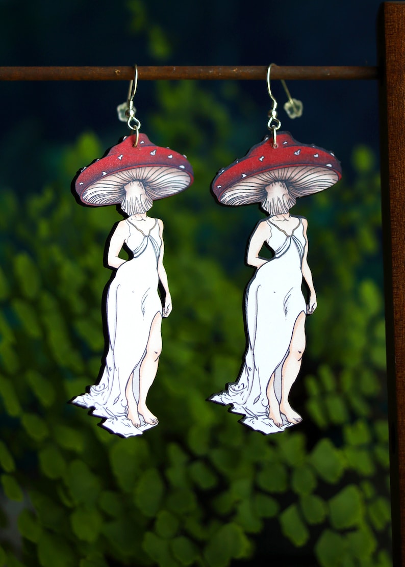 Mushroom Lady Earrings | Cottagecore Fairycore Goblincore Jewelry | Woodland Wood Laser Cut | Sterling Silver Ear Wires | Amanita Cute Fungi