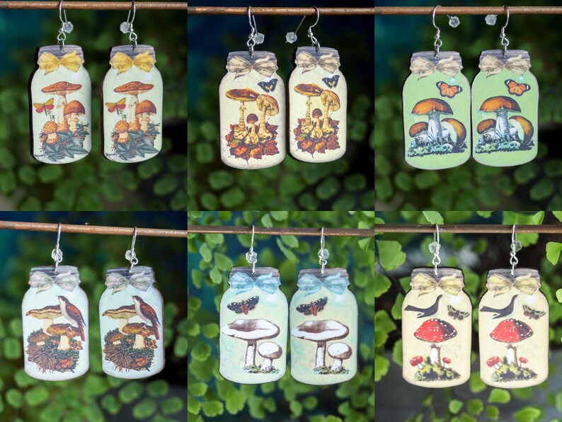Mushroom Jar Earrings | Cottagecore Fairycore Dangles | Woodland Mushroomcore Nature Lover Gifts | Mycology Boho Mason Jar | Butterfly Bird
