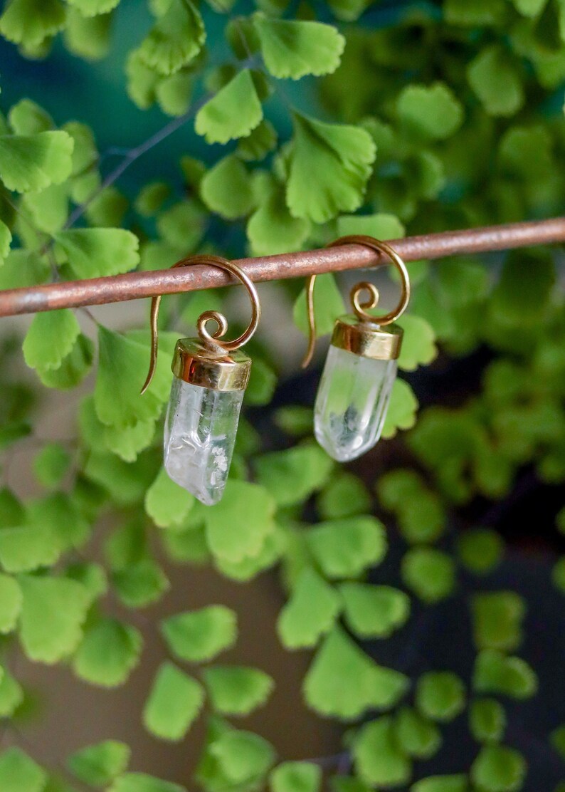 Gemstone Lantern Earrings | Brass Stone Druzy Crystal Spiral Drops | Fairycore Elven Fantasy Jewelry | Minimalist Geometric Boho Goddess