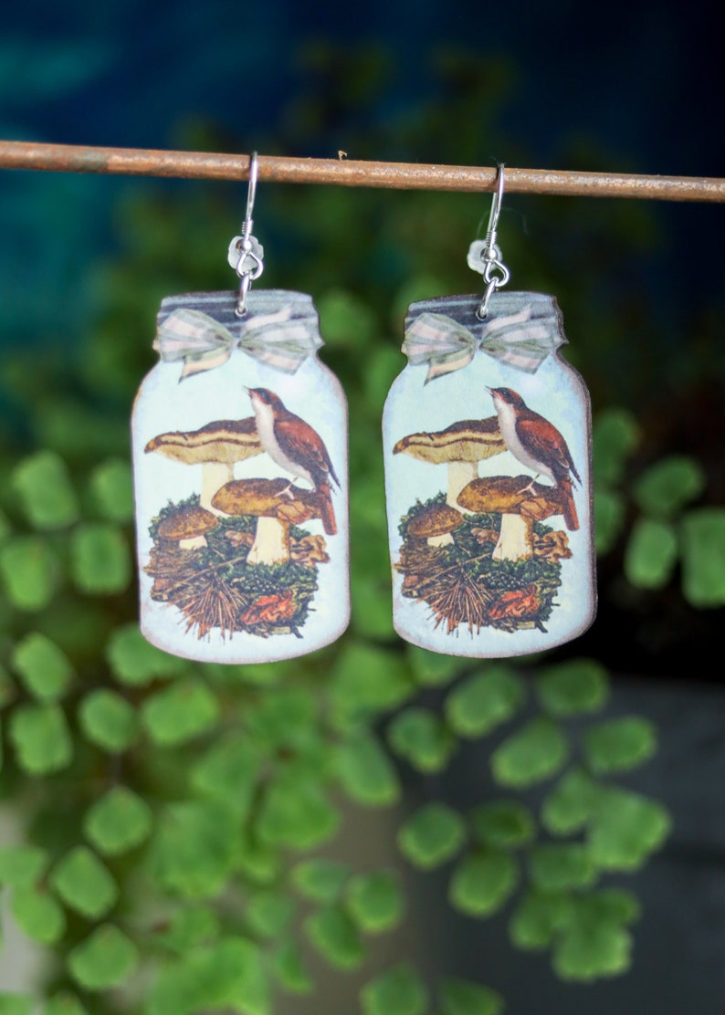 Mushroom Jar Earrings | Cottagecore Fairycore Dangles | Woodland Mushroomcore Nature Lover Gifts | Mycology Boho Mason Jar | Butterfly Bird