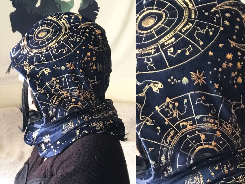 Plush Infinity Scarf | Celestial Gold Zodiac Cowl Hood | Astrology Head Wrap Neck Warmer Snood | Soft Cozy Galaxy Space Holiday Gifts