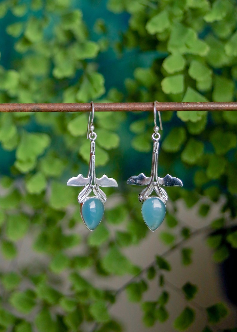 Floral Droplet Gemstone Earrings | Fairycore Boho Dangles | Sterling Silver Rainbow Moonstone Chalcedony | Whimsical Statement Jewelry