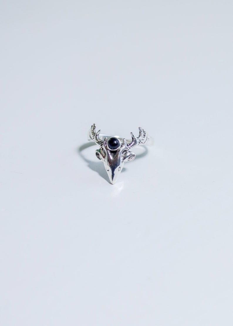 Buck Antler Ring | Sterling Silver Stag with Gemstone | Onyx Chalcedony Garnet Labradorite | Fairycore Elven Fantasy | Whimsical Animal Horn