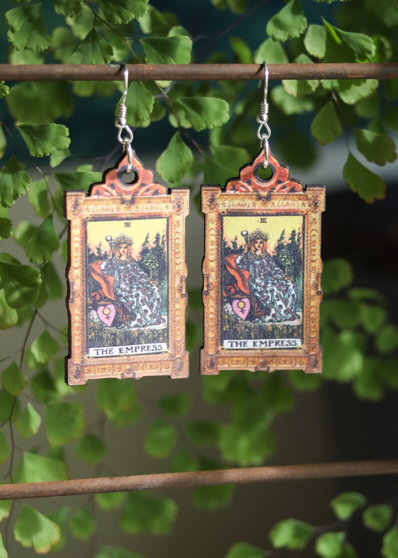 Tarot Card Earrings | Witchy Occult Goth Psychic Jewelry | Statement Laser Cut Wood Dangles | Spiritual Fortune Telling Astrology Art