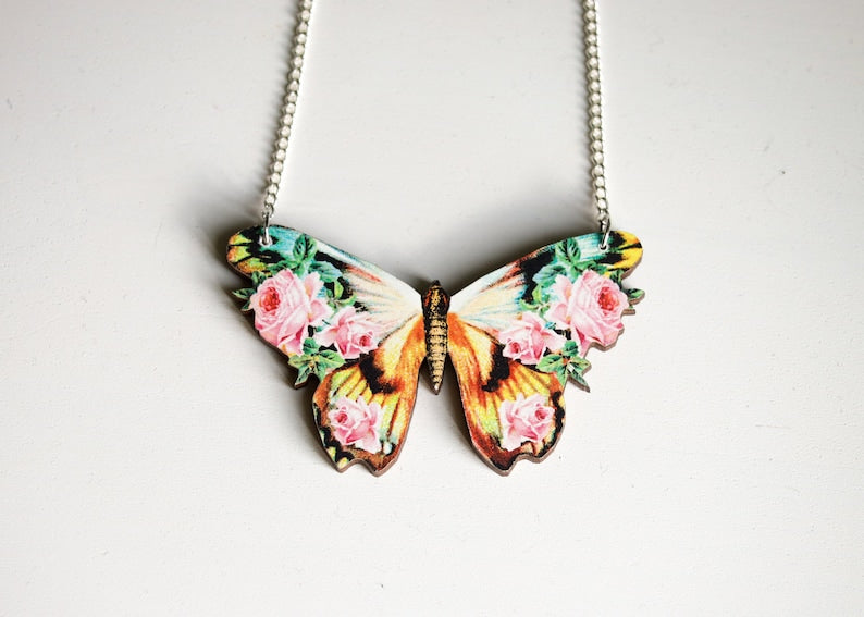 Butterfly Necklace | Laser Wood Cut Pendant | Cottagecore Fairycore Goblincore Boho Flower Insect Jewelry | Moth Monarch Floral Bug Wing