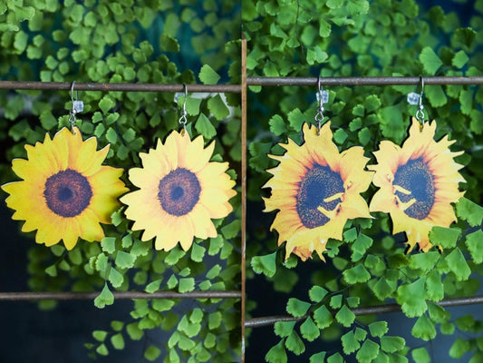 Sunflower Earrings | Floral Flower Jewelry | Boho Cottagecore Fairycore Hippie | Wildflower Autumn Fall Dangles | Wood Cut Sterling Silver