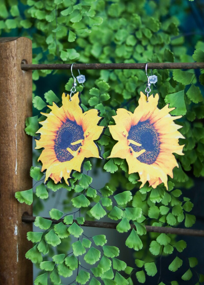Sunflower Earrings | Floral Flower Jewelry | Boho Cottagecore Fairycore Hippie | Wildflower Autumn Fall Dangles | Wood Cut Sterling Silver