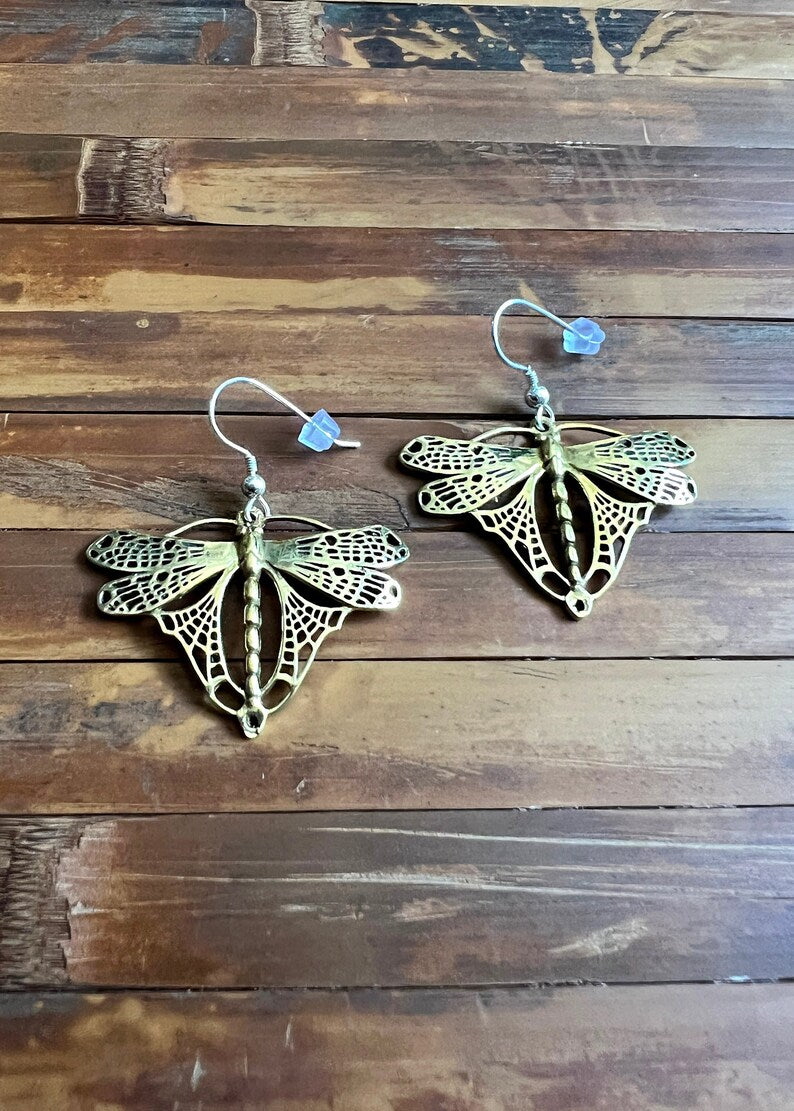 Dragonfly Earrings | Brass Filigree Art Nouveau Deco Dangles | Witchy Vintage Inspired Cottagecore Goblincore Jewelry | Gold Insect Charm