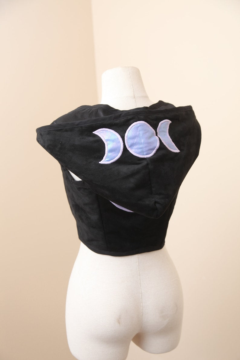 Black Suede Corset | Iridescent Moon Phase Patchwork Vest | Renaissance LARP Bodice | Sleeveless Pirate Gothic Pixie Witch Festival Crop Top