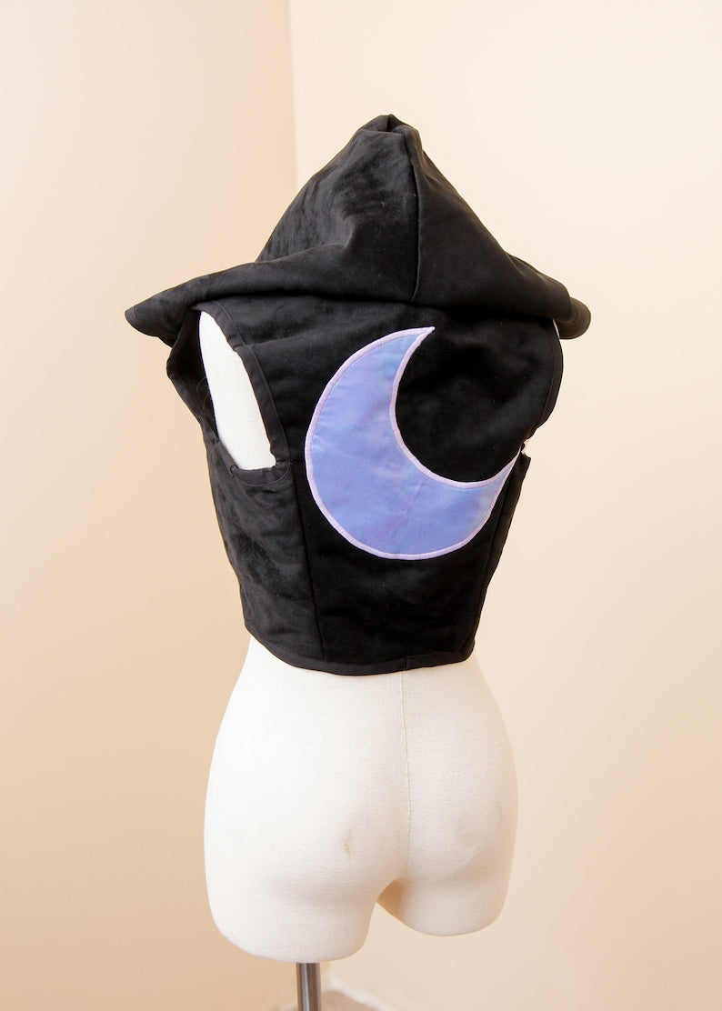 Black Suede Corset | Iridescent Moon Phase Patchwork Vest | Renaissance LARP Bodice | Sleeveless Pirate Gothic Pixie Witch Festival Crop Top