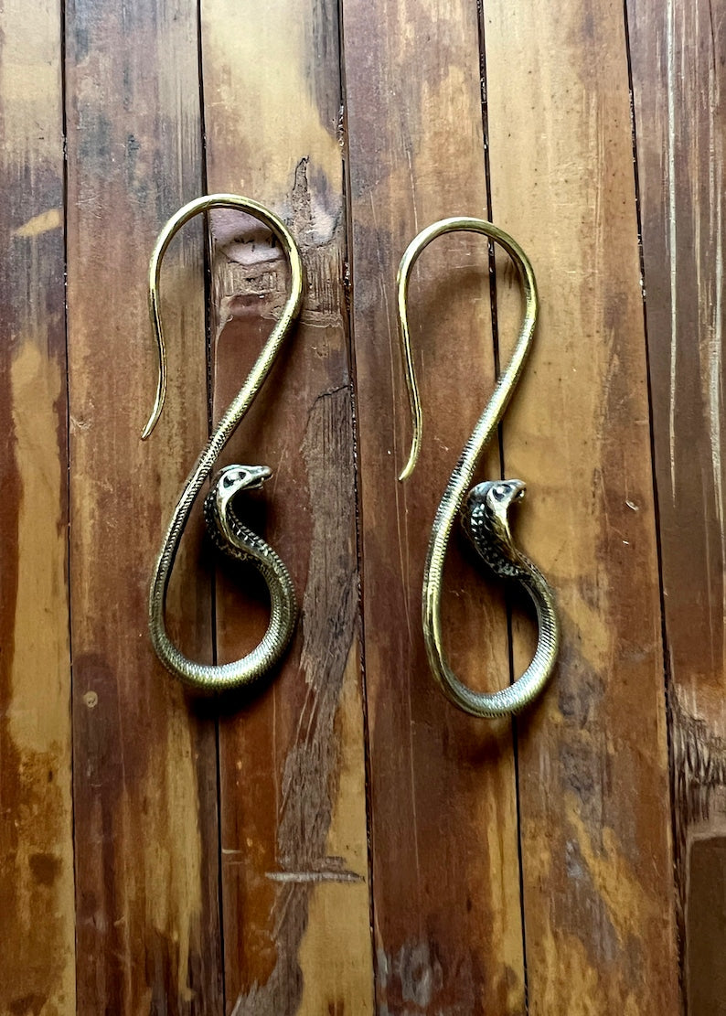 Brass Cobra Snake Gauged Earrings | Witchy Gothic Steampunk Medieval Jewelry | Fantasy Serpent Python Dragon Mystical Reptile Dangles