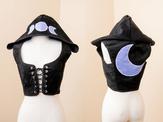 Black Suede Corset | Iridescent Moon Phase Patchwork Vest | Renaissance LARP Bodice | Sleeveless Pirate Gothic Pixie Witch Festival Crop Top
