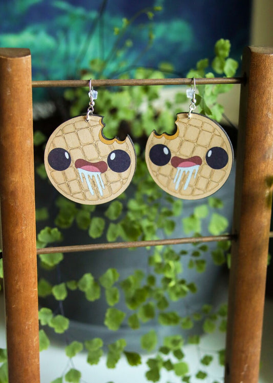 Mindless Waffle Earrings | Breakfast Miniature Food Charm Jewelry | Quirky Nerdy Cute Kawaii Anime Dangles | Fantasy Snack Accessories