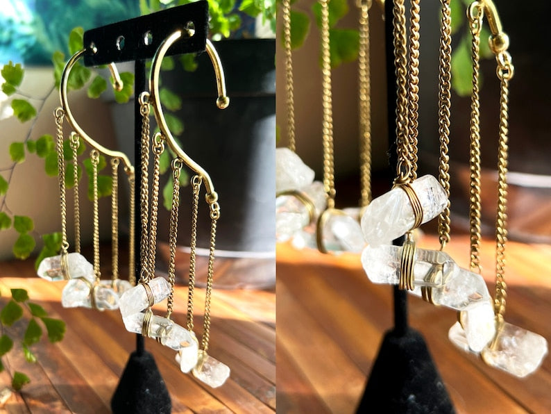 Quartz Ear Cuffs | Chandelier Dangle Behind Ear Wrap | No Piercing Gemstone Fairy Whimsical Fantasy Jewelry | Witch Steampunk Festivalwear