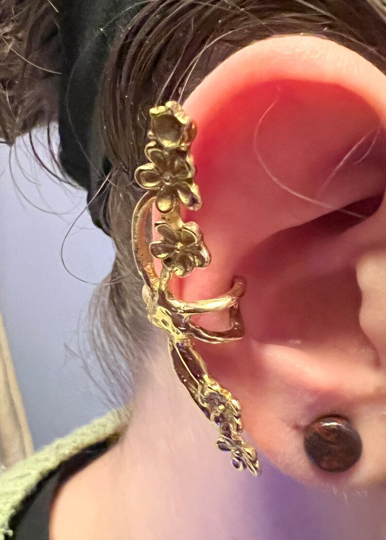 Floral Ear Cuffs | Brass Flower Ear Wrap | No Piercing Fairy Whimsical Fantasy Jewelry | Witch Steampunk Festivalwear | Ear Climber Clip On