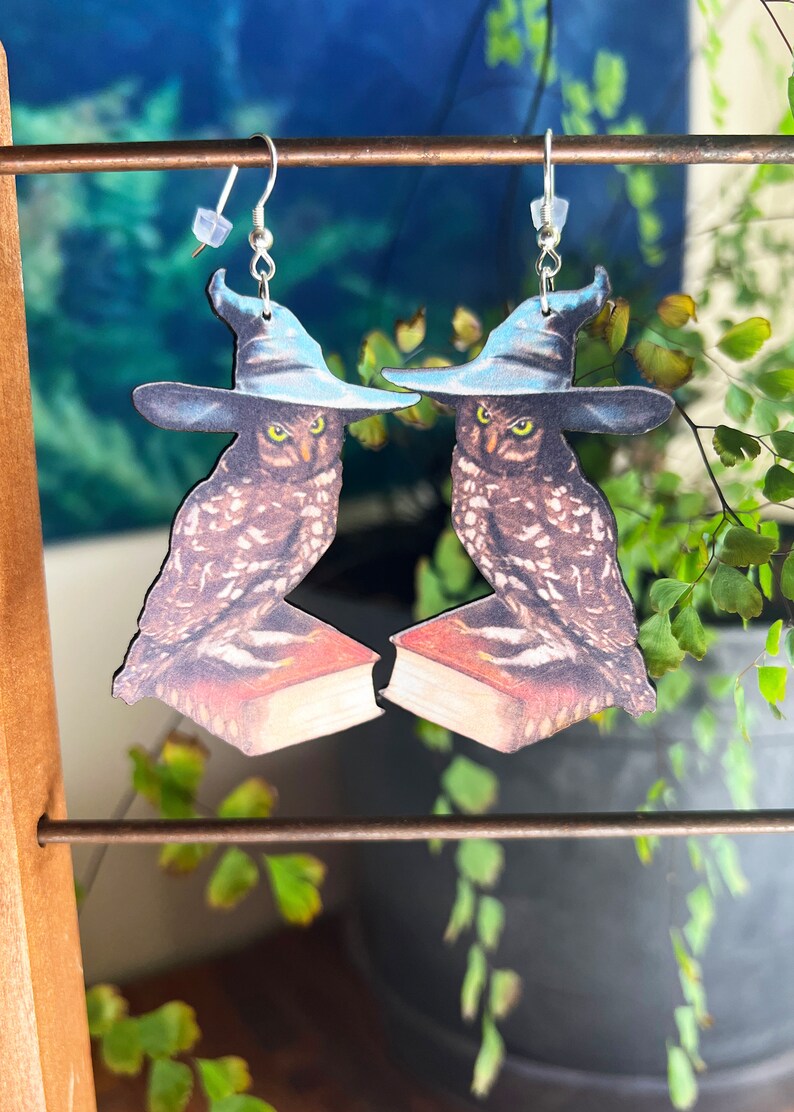 Wizard Owl Earrings | Witchy Dark Academia Jewelry | Snowy Great Horned Bird Familiar Creature | Cottagecore Goblincore Fairycore Dangles