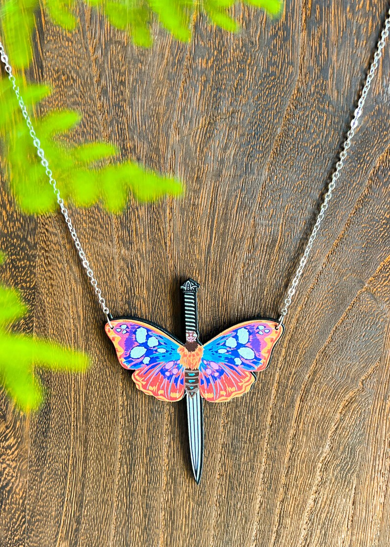 Butterfly Sword Pendant | Medieval Fantasy Cottagecore Necklace | Fairycore Whimsical Renaissance Mystical Jewelry | Monarch Wing Charm