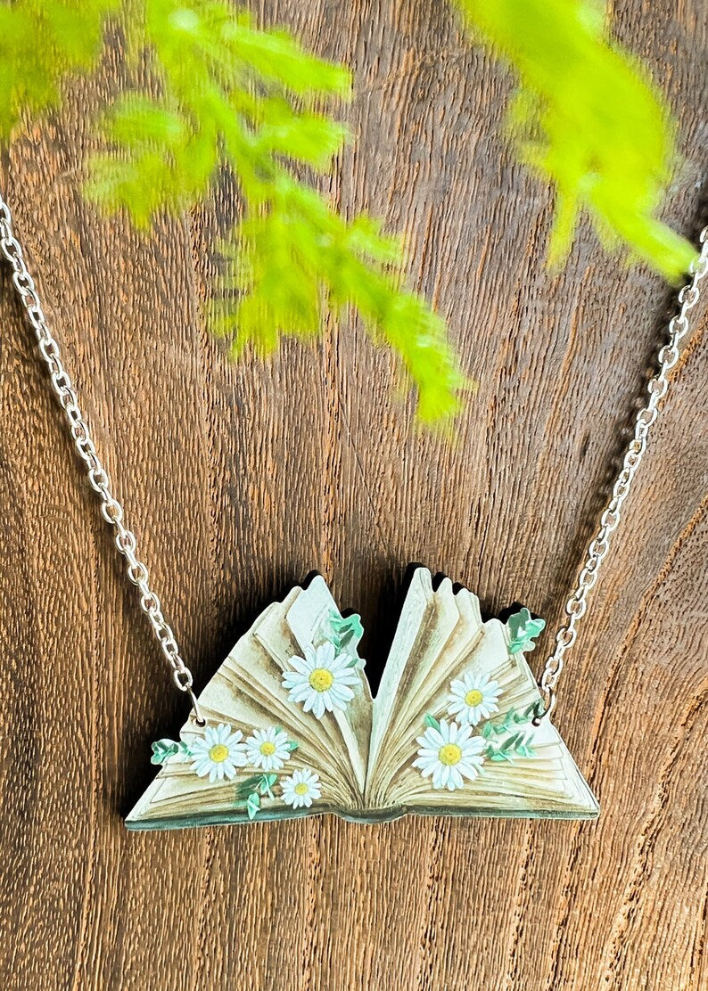 Floral Book Pendant | Cottagecore Fairycore Necklace | Whimsical Fantasy Light Academia Jewelry | Boho Reading Lover Collarbone Charm Gift