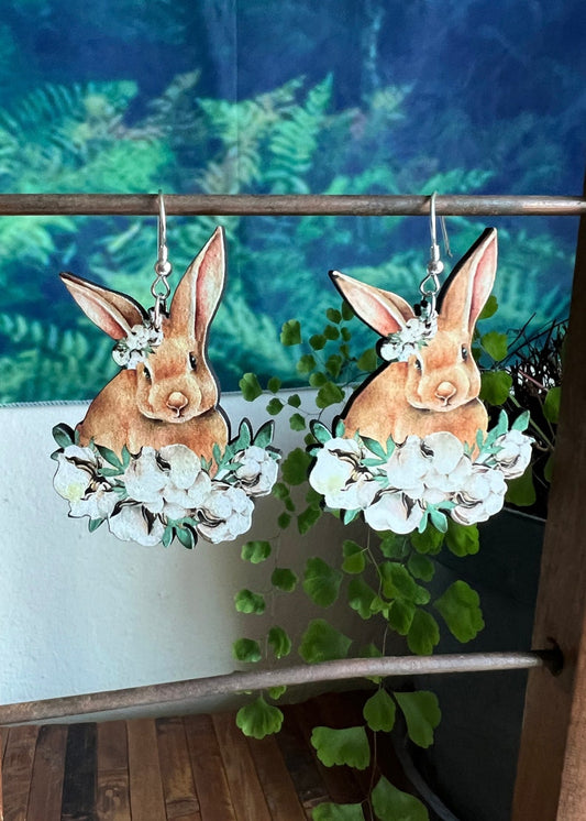 Bunny Earrings | Floral Easter Laser Cut Wood Jewelry | Rabbit Cottagecore Whimsical Fairycore Dangles | Kawaii Cute Spring Flowers