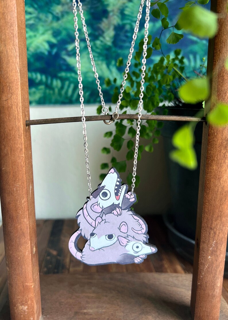 Opossum Pile Necklace | Quirky Silly Possum Art Pendant | Unique Whimsical Animal Lover Gift | Woodland Wildlife Goblincore Jewelry