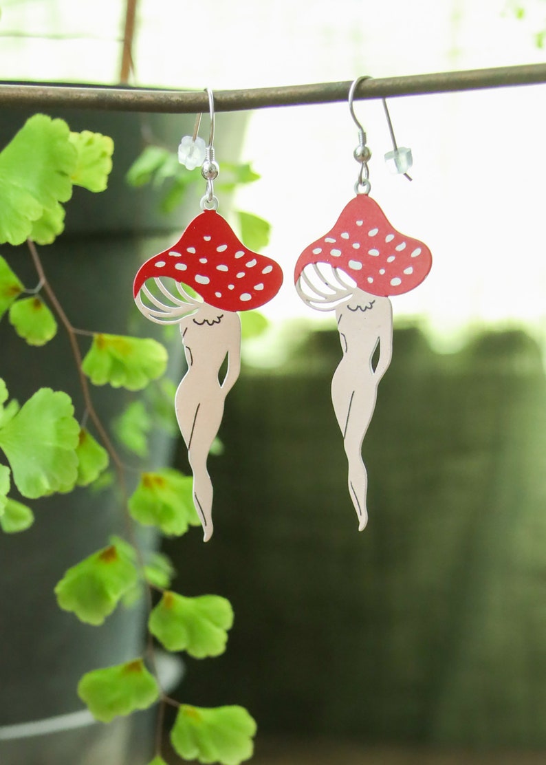Mushroom Lady Earrings | Painted Stainless Steel Mushy Dangles | Fungi Nature Fairycore Charm | Whimsical Fantasy Amanita Mushroom Legs